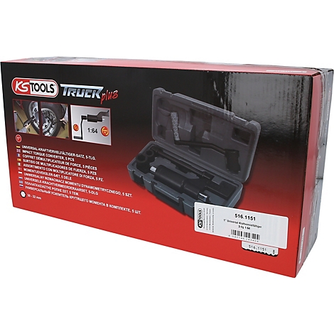 Werkzeugkoffer mit KS Tools-Logo und Produktbezeichnung. Innen liegen verschiedene Werkzeuge, die auf rotem Untergrund präsentiert werden.